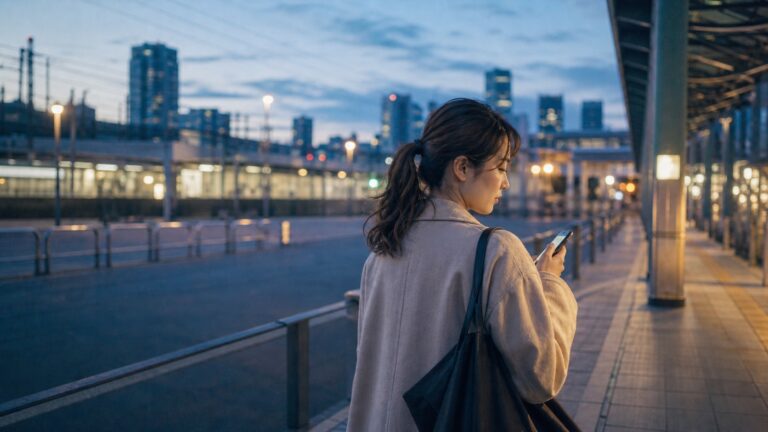 夜明け前の東京でスマートフォンを手に帰路につく20代女性