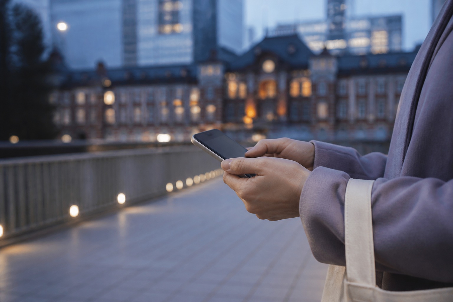 夜明け前の東京の駅でスマートフォンを確認する女性の手元
