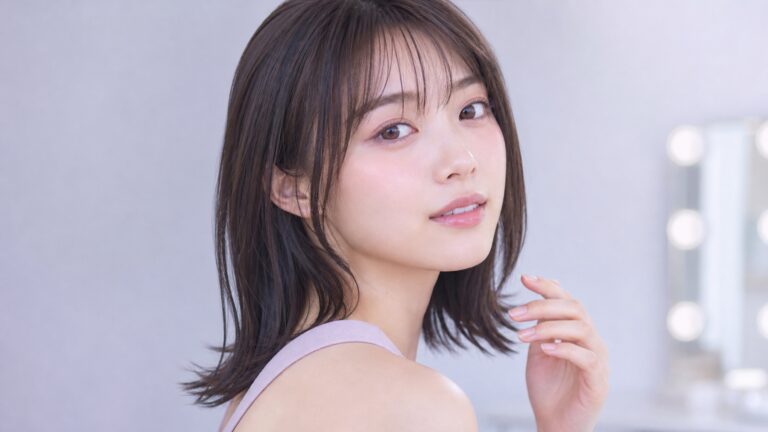 ライラックとモーヴのメイクをした20代女性のビューティーポートレート