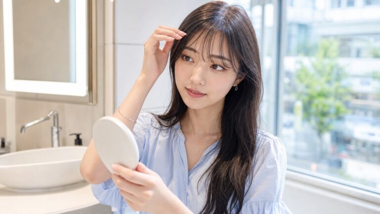 明るい鏡の前で前髪を整える20代女性
