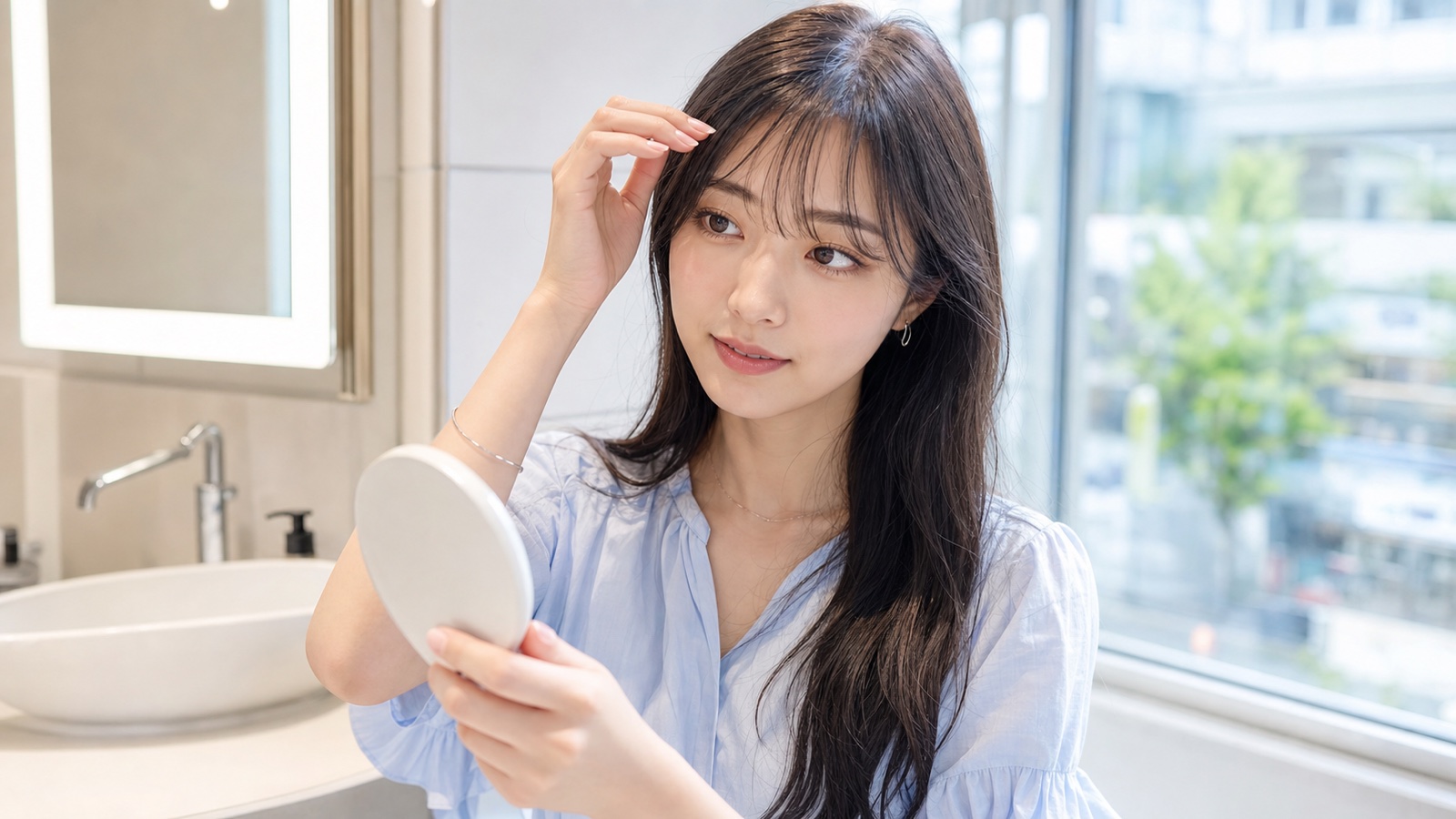明るい鏡の前で前髪を整える20代女性