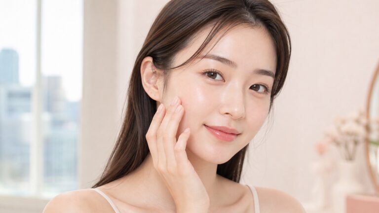 自然な水光肌メイクをした20代女性のビューティーポートレート